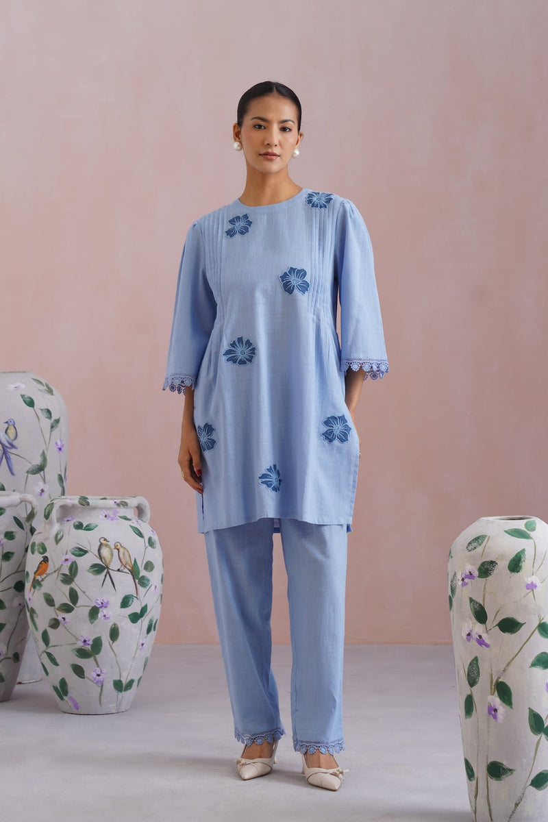 Powder Blue Kurta Set With Flower Patchwork Detailing Korah Stitch