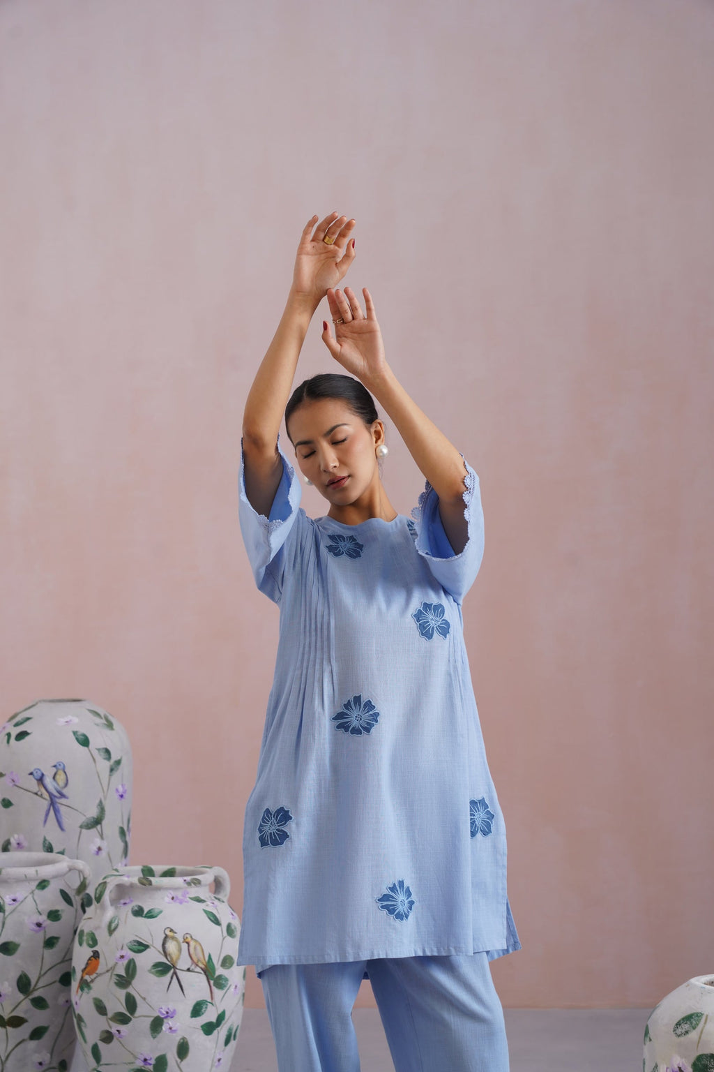 Powder Blue Kurta Set With Flower Patchwork Detailing Korah Stitch