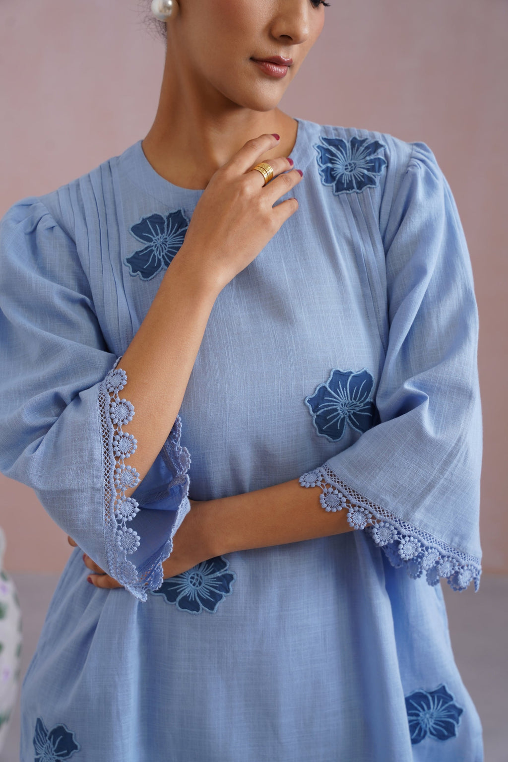 Powder Blue Kurta Set With Flower Patchwork Detailing Korah Stitch