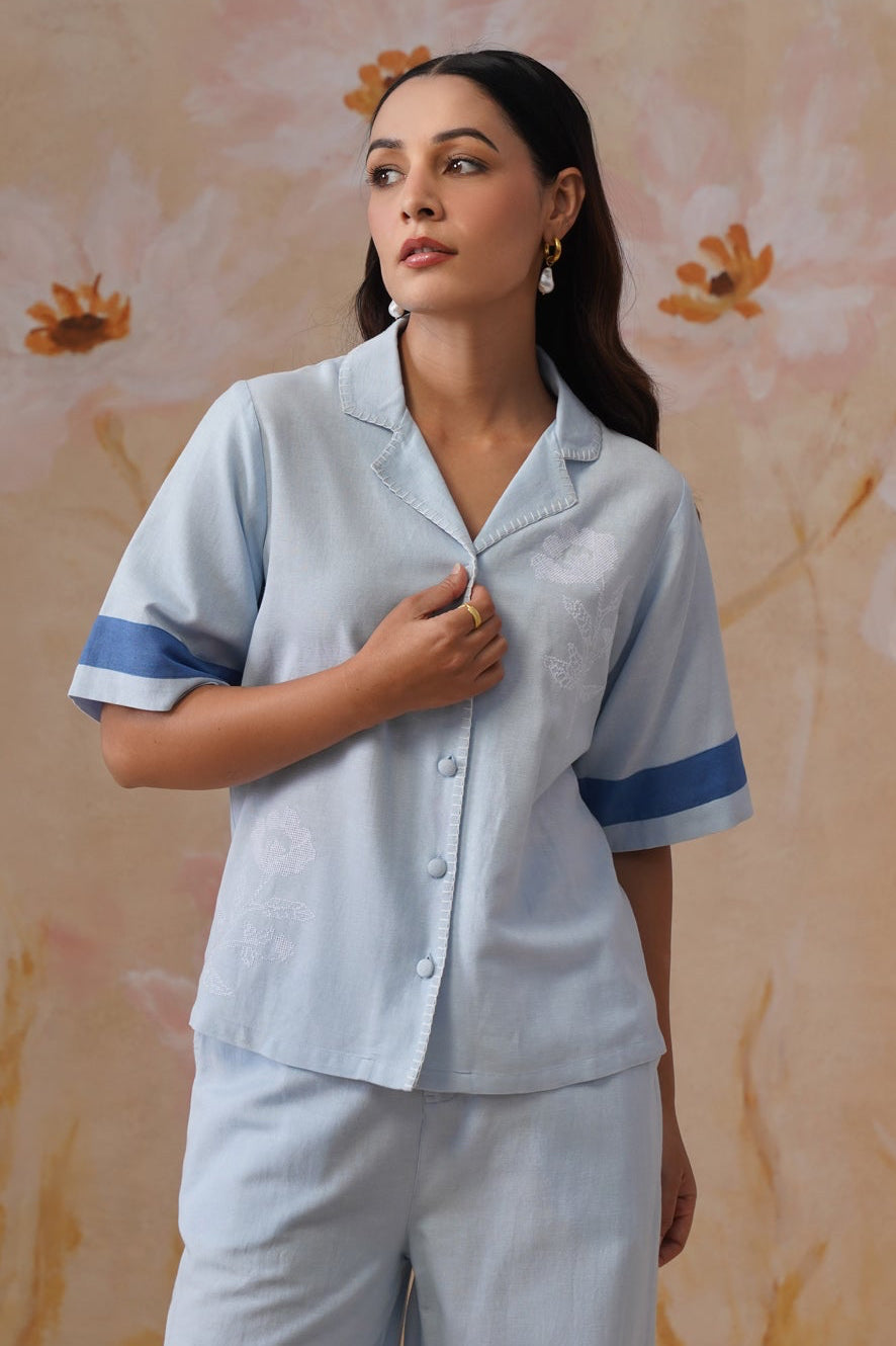 Powder Blue Linens Powder Blue Linen-Blend Embroidered Co-Ord Set – Korah Stitch