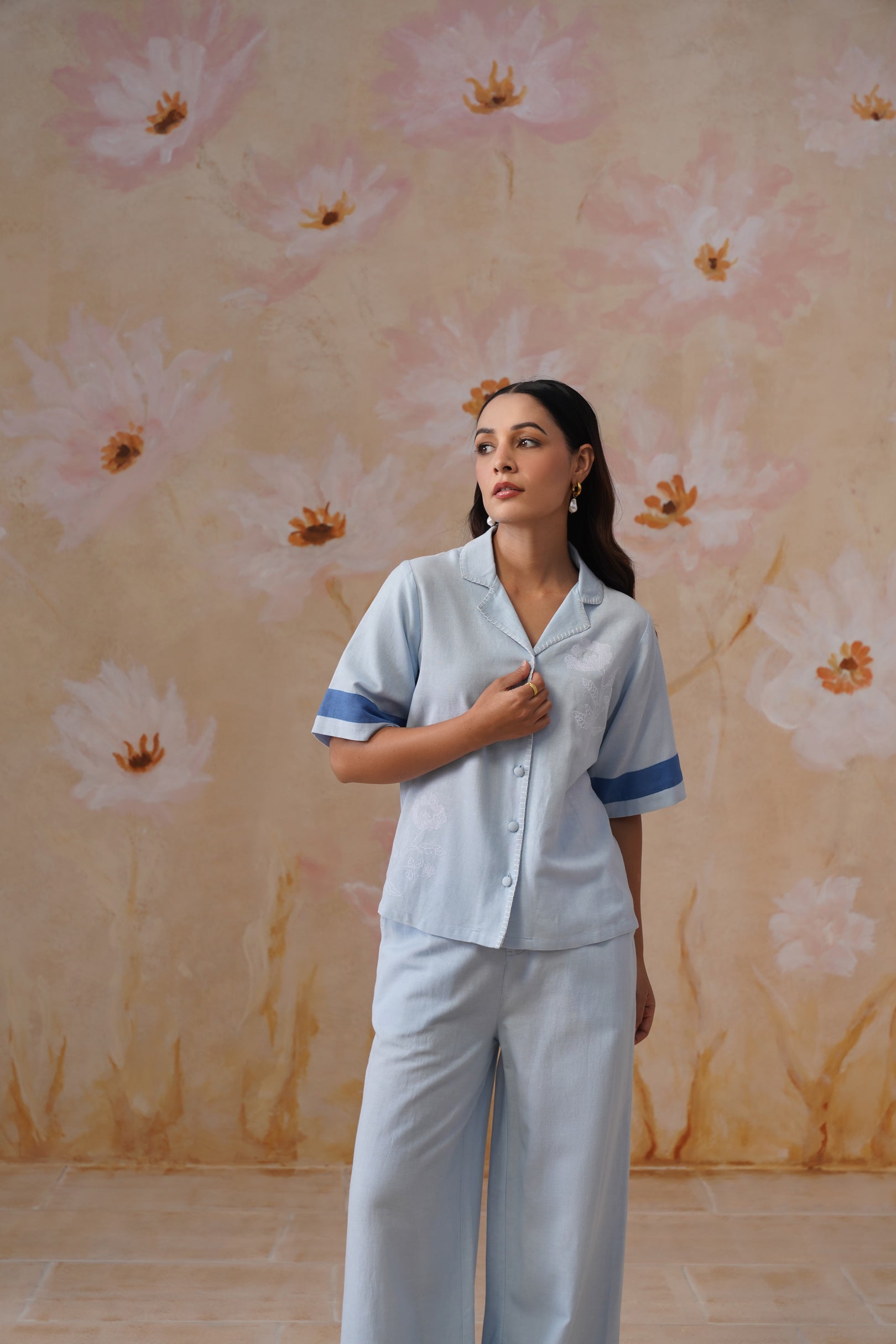 Powder Blue Linen-Blend Embroidered Co-Ord Set Korah Stitch