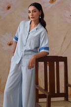 Powder Blue Linen-Blend Embroidered Co-Ord Set Korah Stitch