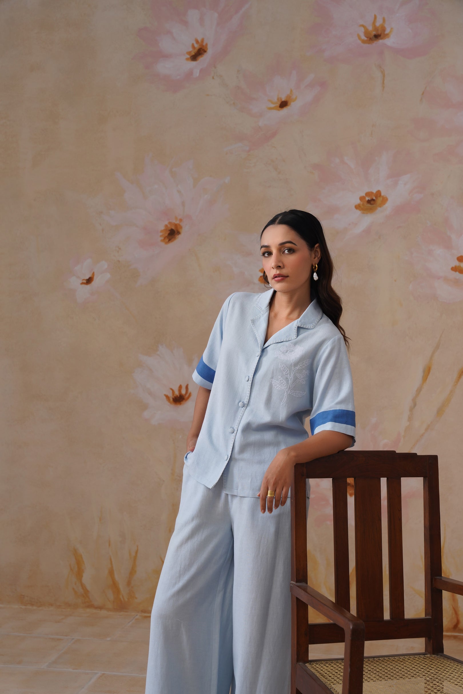 Powder Blue Linen-Blend Embroidered Co-Ord Set Korah Stitch