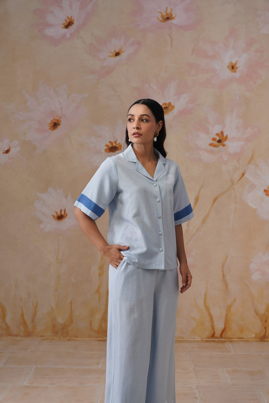Powder Blue Linen-Blend Embroidered Co-Ord Set Korah Stitch