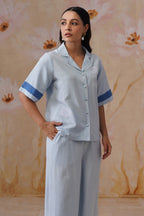 Powder Blue Linen-Blend Embroidered Co-Ord Set Korah Stitch