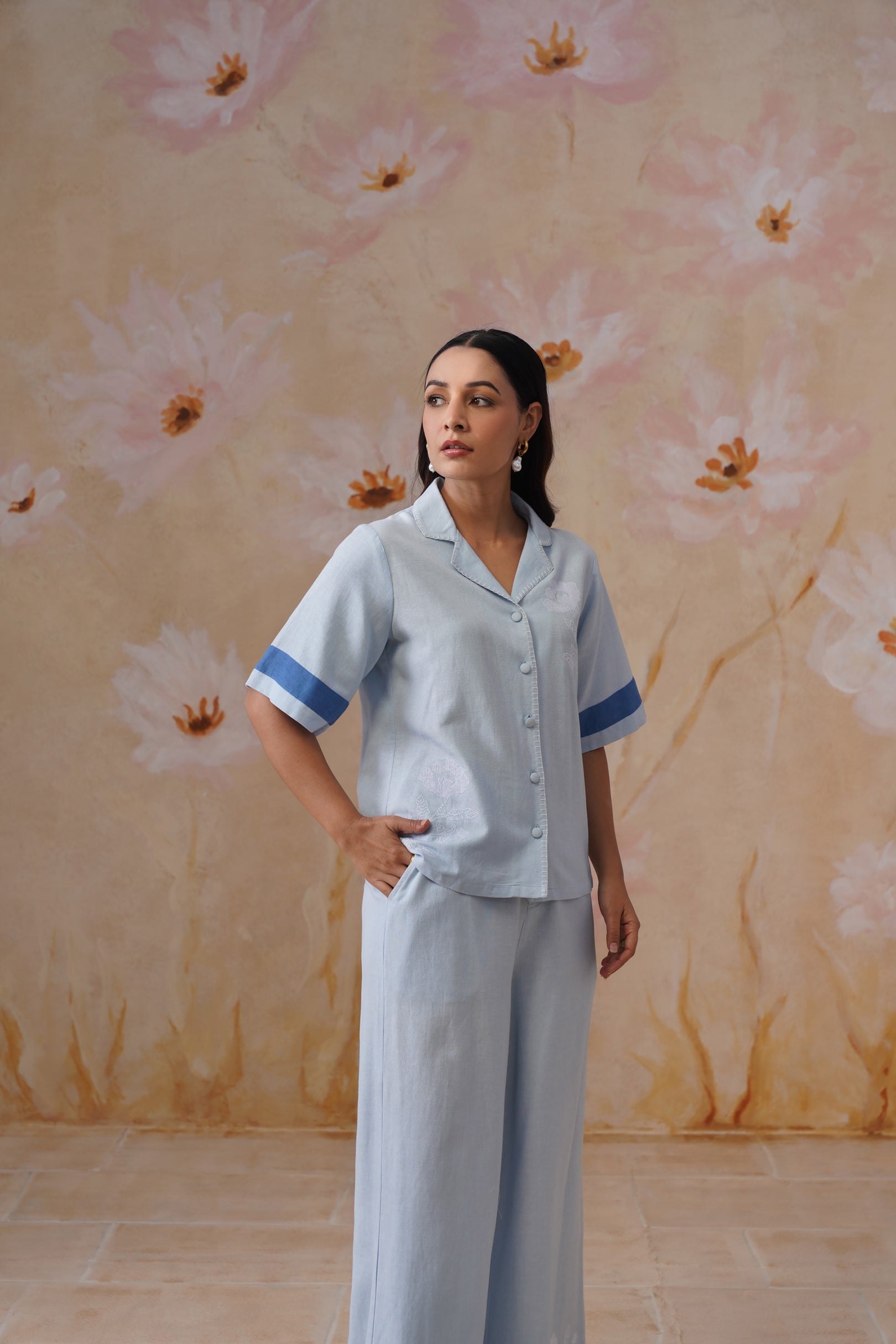 Powder Blue Linen-Blend Embroidered Co-Ord Set Korah Stitch