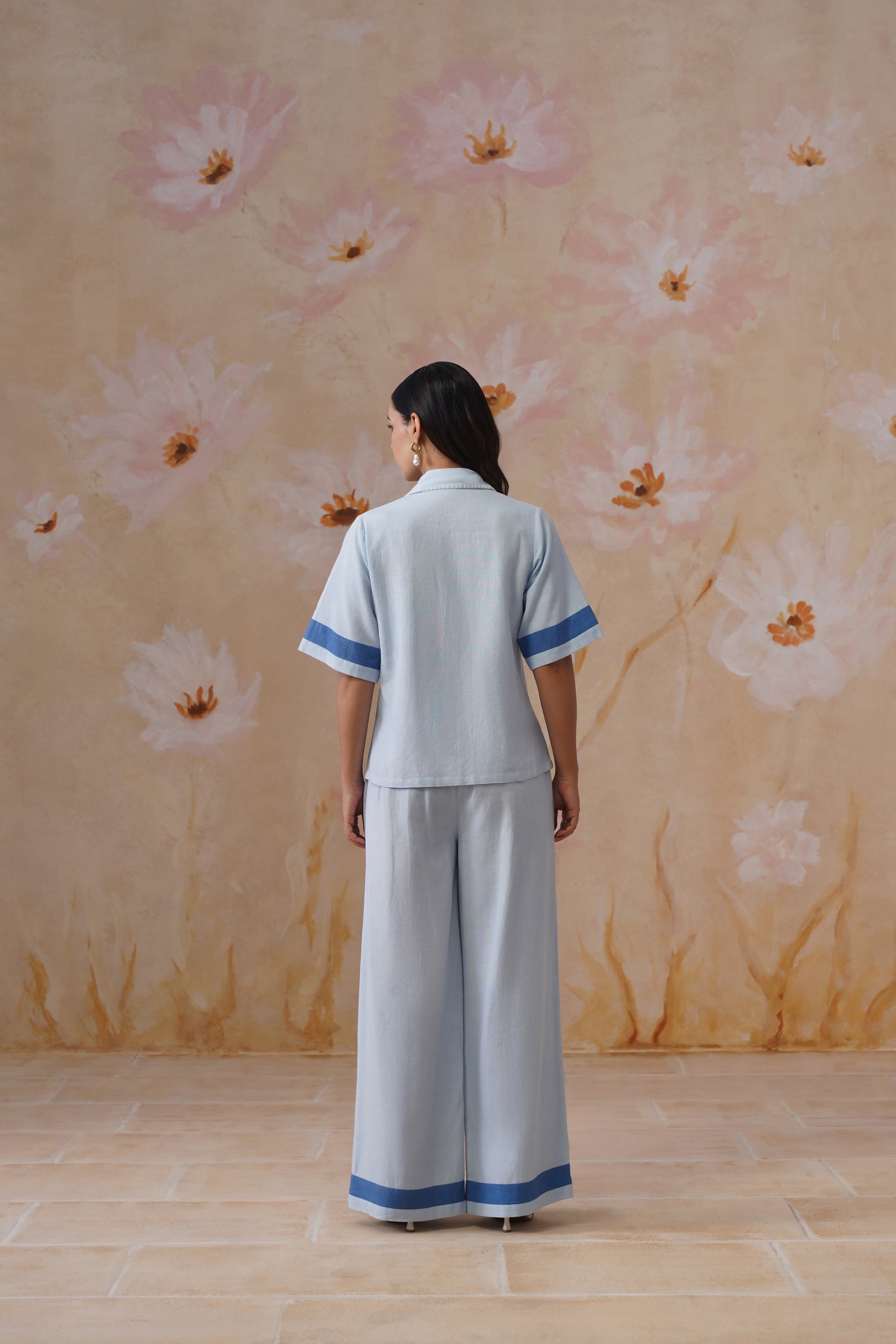 Powder Blue Linen-Blend Embroidered Co-Ord Set Korah Stitch