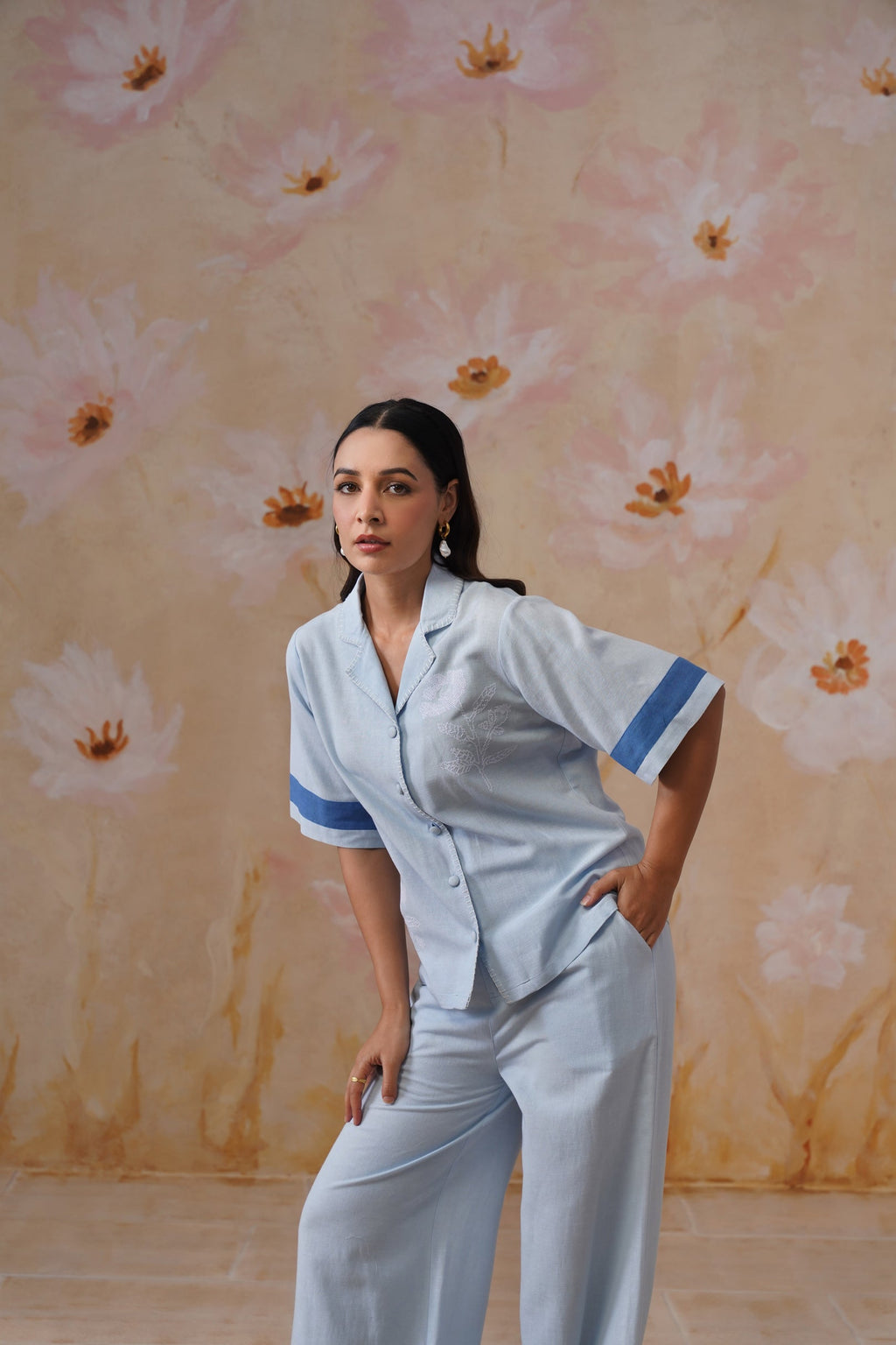 Powder Blue Linen-Blend Embroidered Co-Ord Set Korah Stitch
