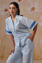 Powder Blue Linen-Blend Embroidered Co-Ord Set Korah Stitch