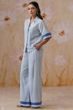 Powder Blue Linen-Blend Embroidered Co-Ord Set Korah Stitch