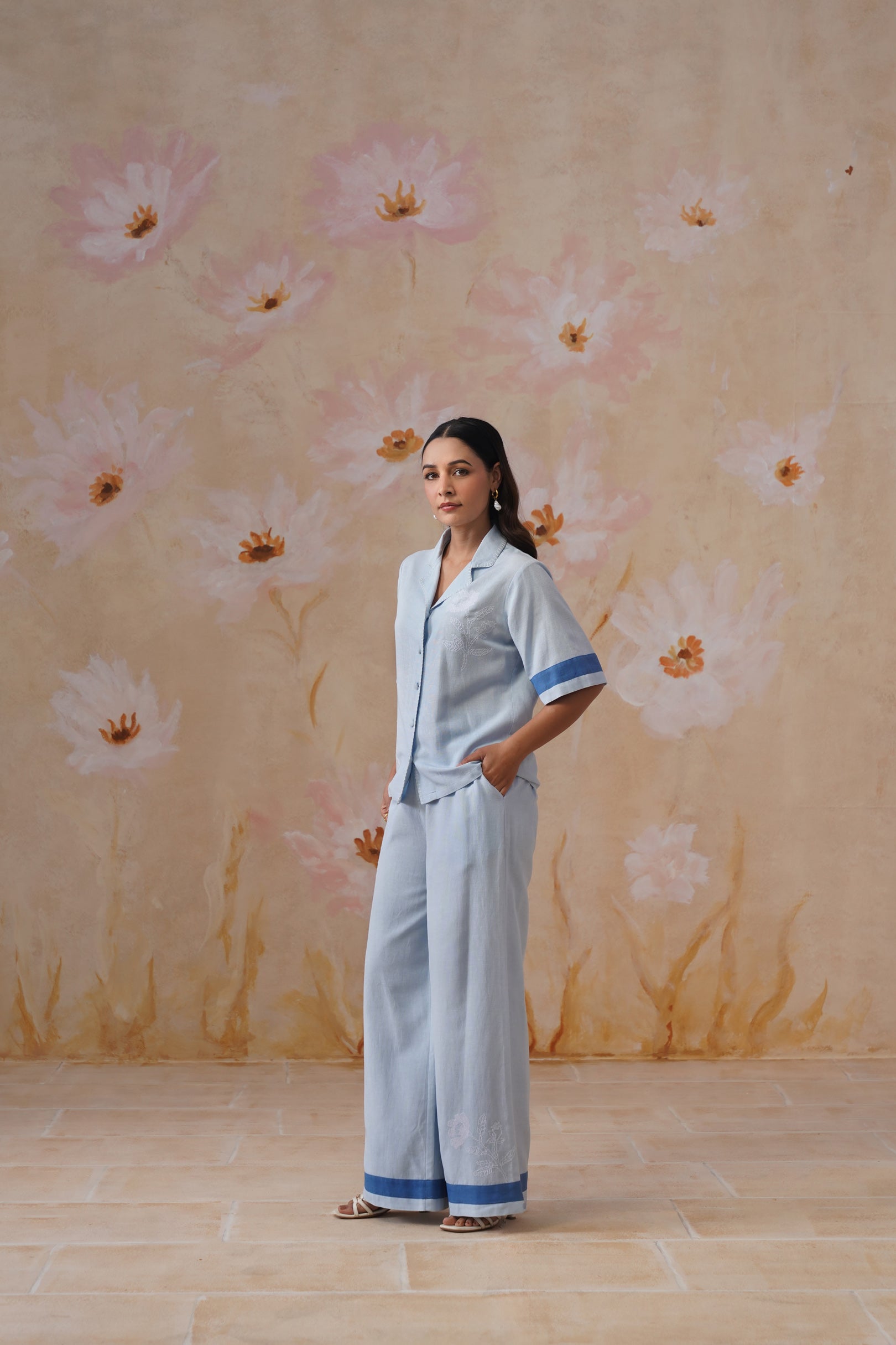 Powder Blue Linen-Blend Embroidered Co-Ord Set Korah Stitch