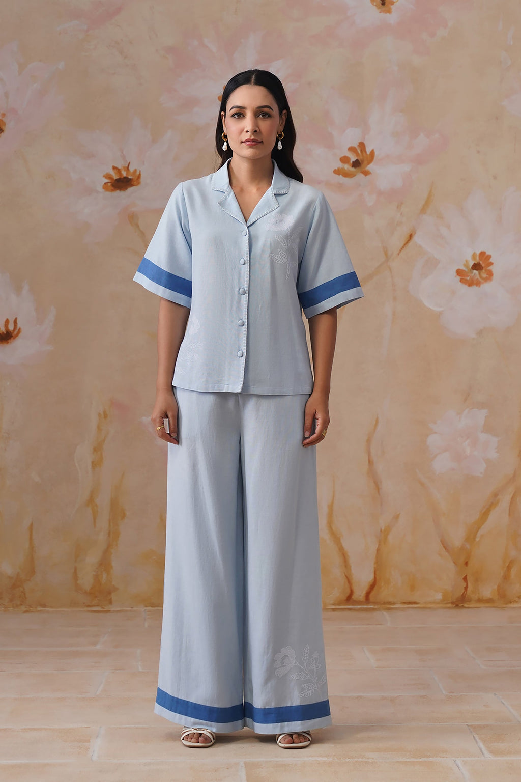 Powder Blue Linen-Blend Embroidered Co-Ord Set Korah Stitch