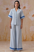 Powder Blue Linen-Blend Embroidered Co-Ord Set Korah Stitch