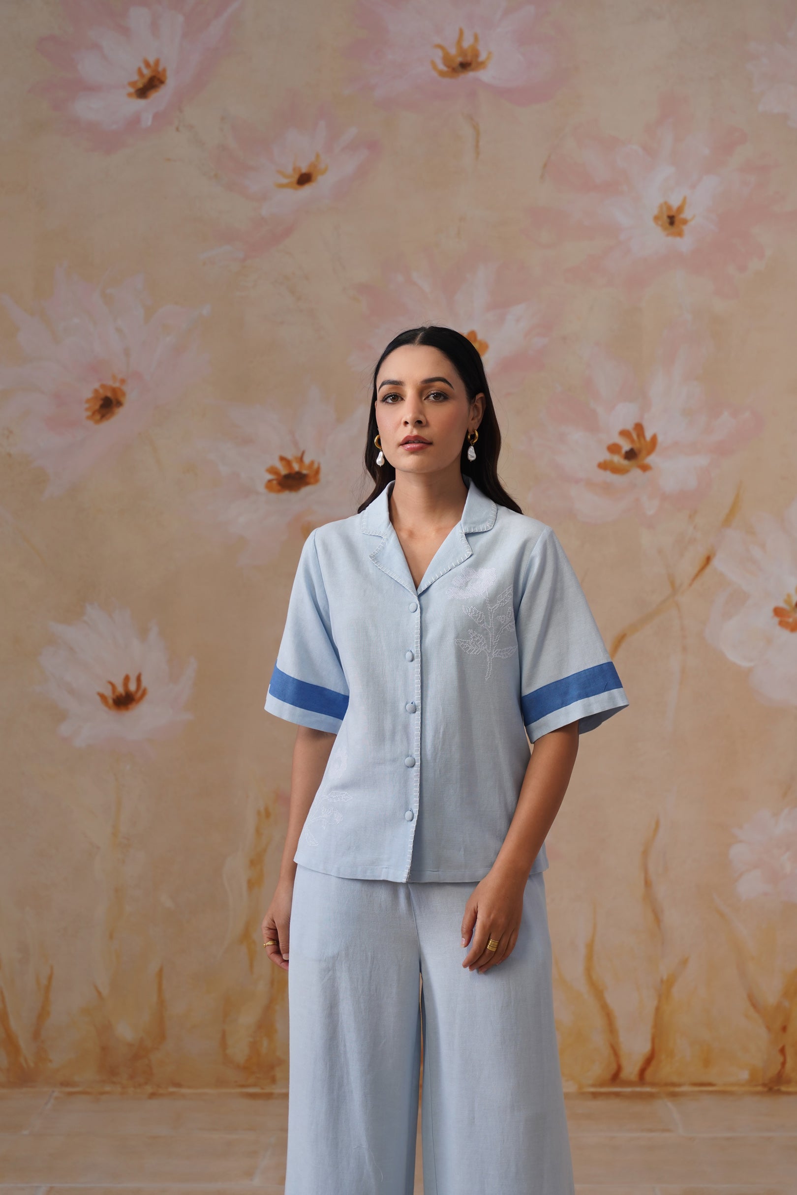Powder Blue Linen-Blend Embroidered Co-Ord Set Korah Stitch