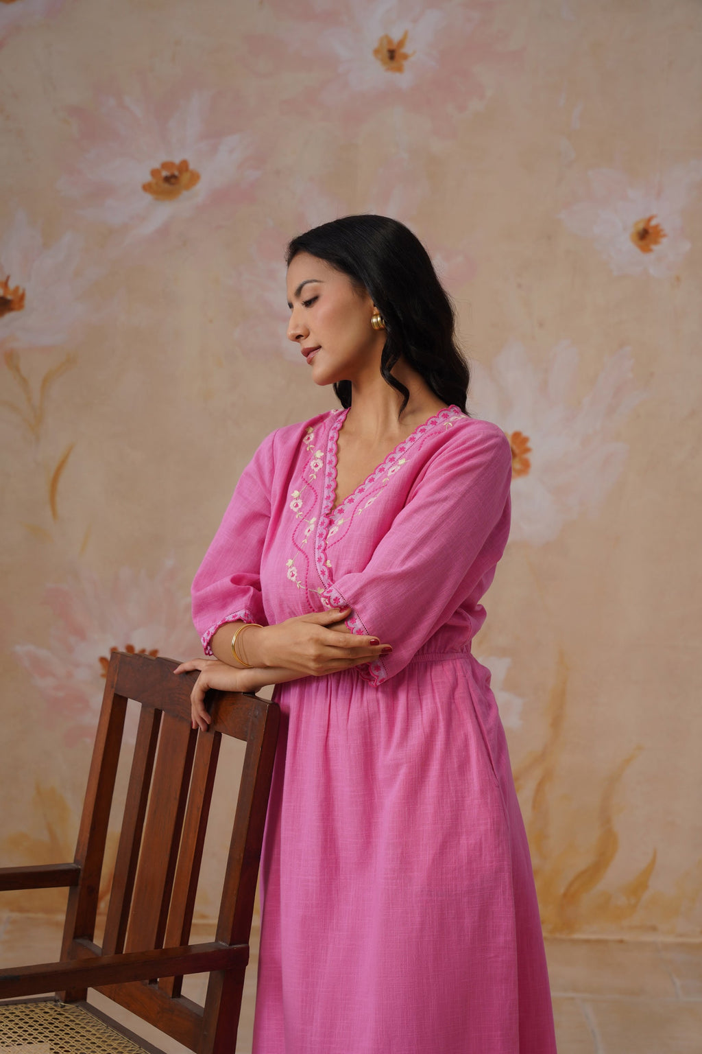 Rose Pink Embroidered Midi Dress with Organza Detailing Korah Stitch