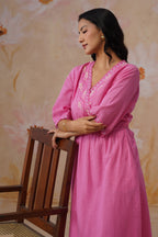 Rose Pink Embroidered Midi Dress with Organza Detailing Korah Stitch