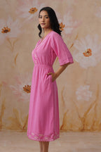 Rose Pink Embroidered Midi Dress with Organza Detailing Korah Stitch
