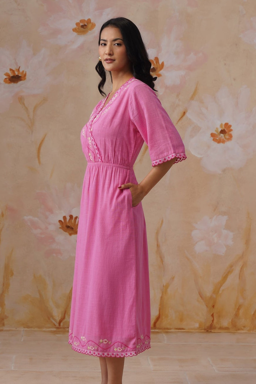 Rose Pink Embroidered Midi Dress with Organza Detailing Korah Stitch