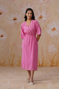 Rose Pink Embroidered Midi Dress with Organza Detailing Korah Stitch