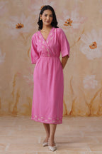 Rose Pink Embroidered Midi Dress with Organza Detailing Korah Stitch