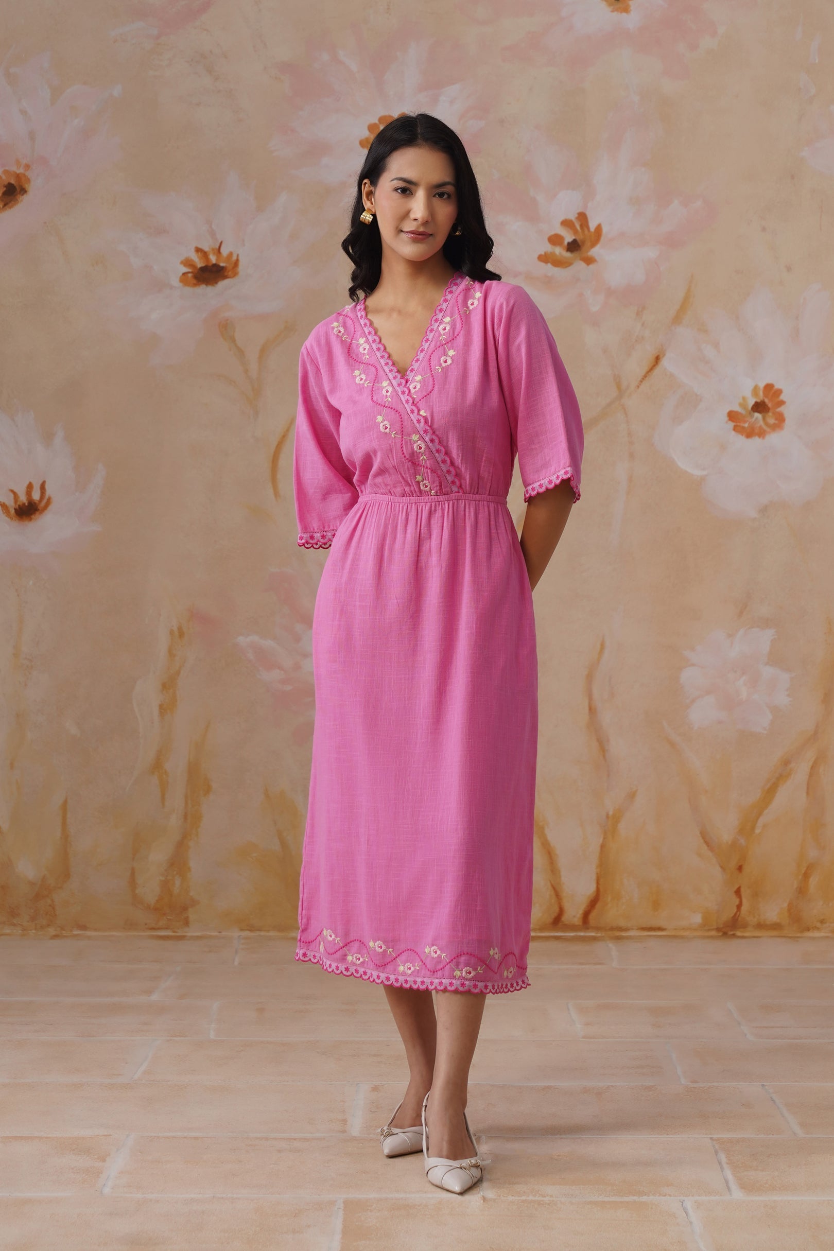 Rose Pink Embroidered Midi Dress with Organza Detailing Korah Stitch