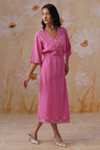 Rose Pink Embroidered Midi Dress with Organza Detailing Korah Stitch