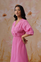 Rose Pink Embroidered Midi Dress with Organza Detailing Korah Stitch