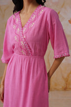 Rose Pink Embroidered Midi Dress with Organza Detailing Korah Stitch