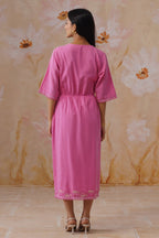 Rose Pink Embroidered Midi Dress with Organza Detailing Korah Stitch