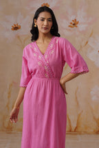 Rose Pink Embroidered Midi Dress with Organza Detailing Korah Stitch