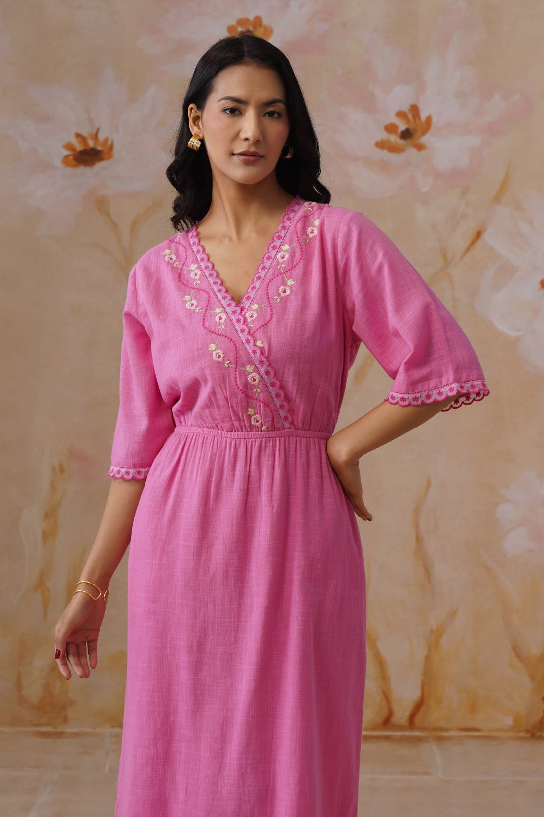 Rose Pink Embroidered Midi Dress with Organza Detailing Korah Stitch