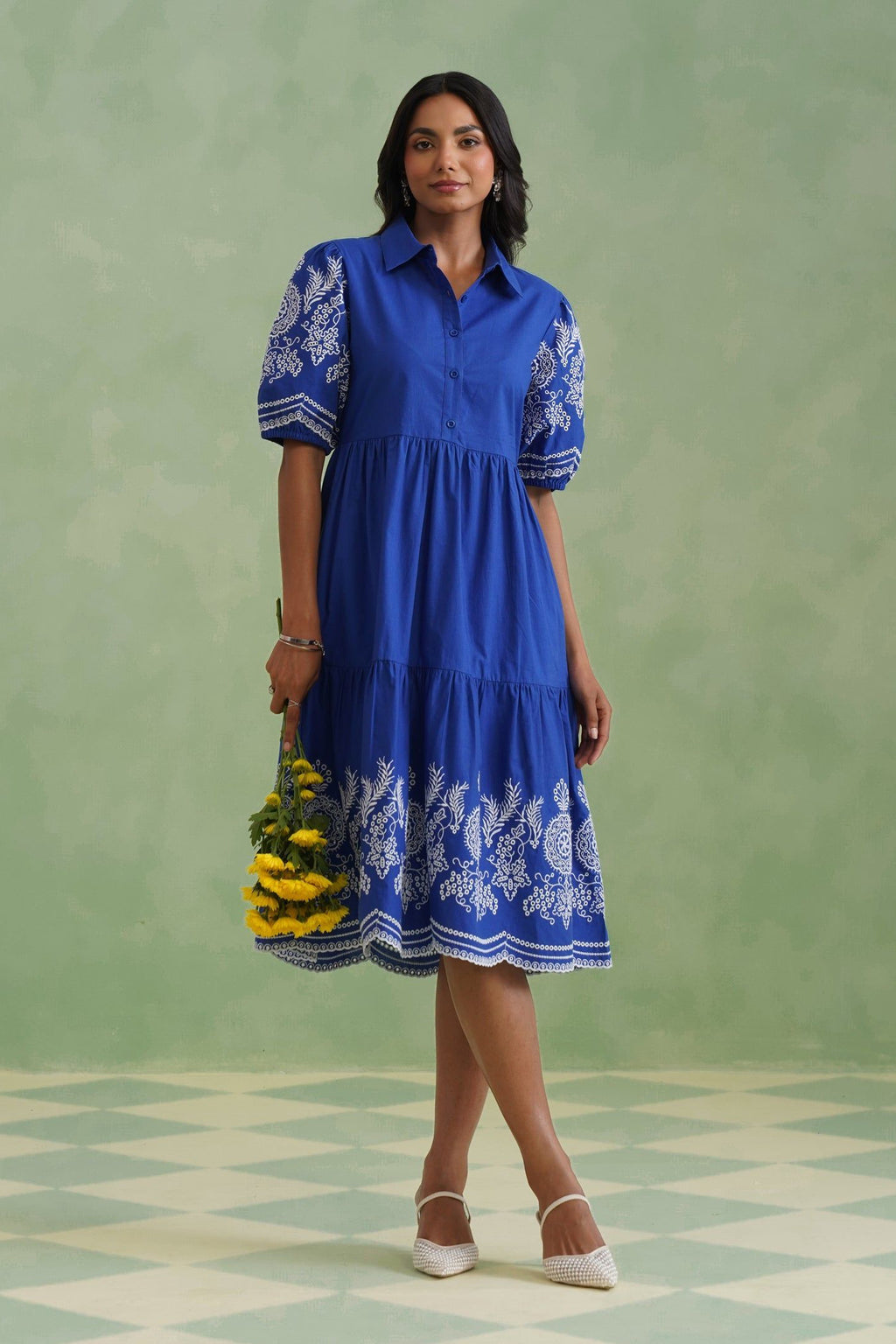 Royal Blue Embroidered Tiered Midi Dress Korah Stitch