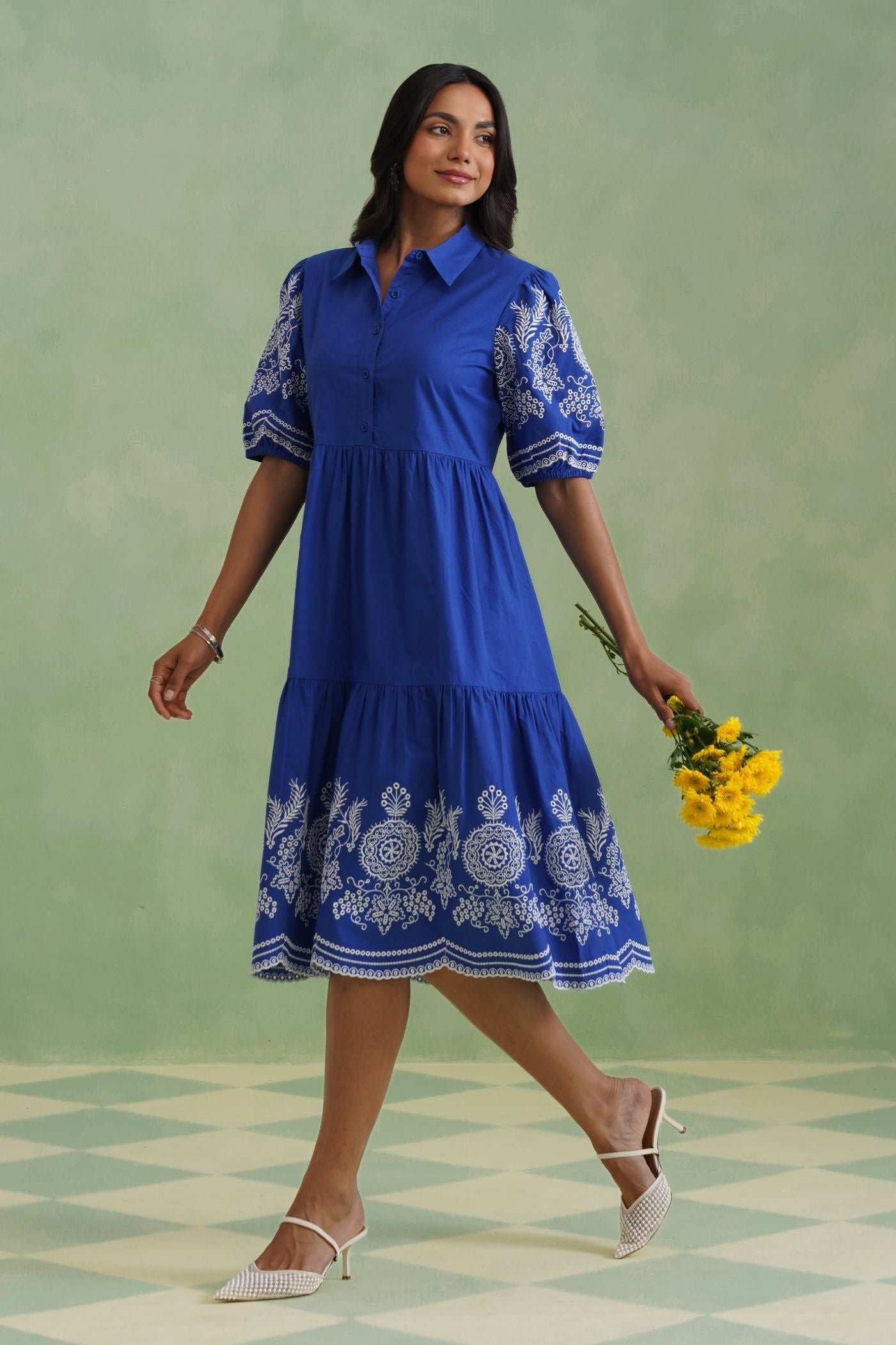 Royal Blue Embroidered Tiered Midi Dress Korah Stitch