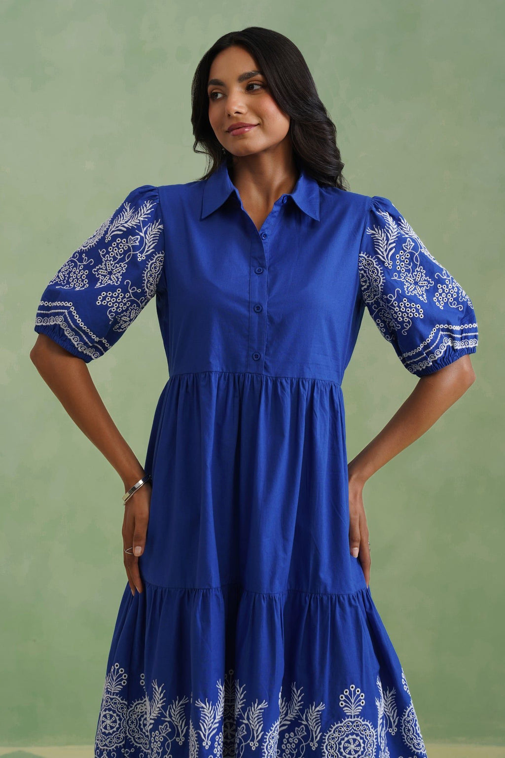 Royal Blue Embroidered Tiered Midi Dress Korah Stitch