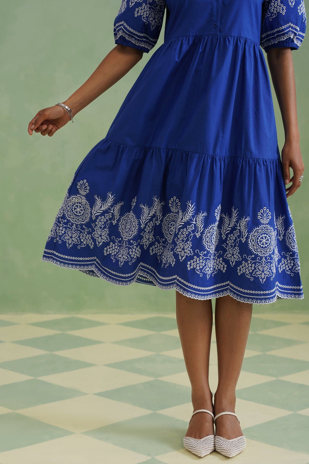 Royal Blue Embroidered Tiered Midi Dress Korah Stitch