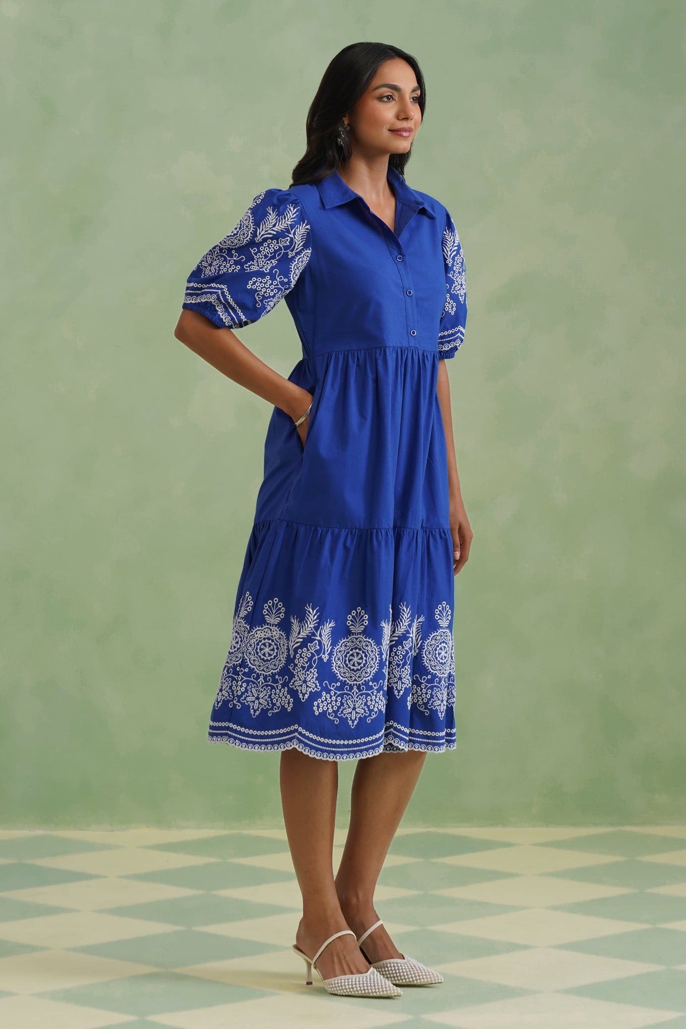 Royal Blue Embroidered Tiered Midi Dress Korah Stitch
