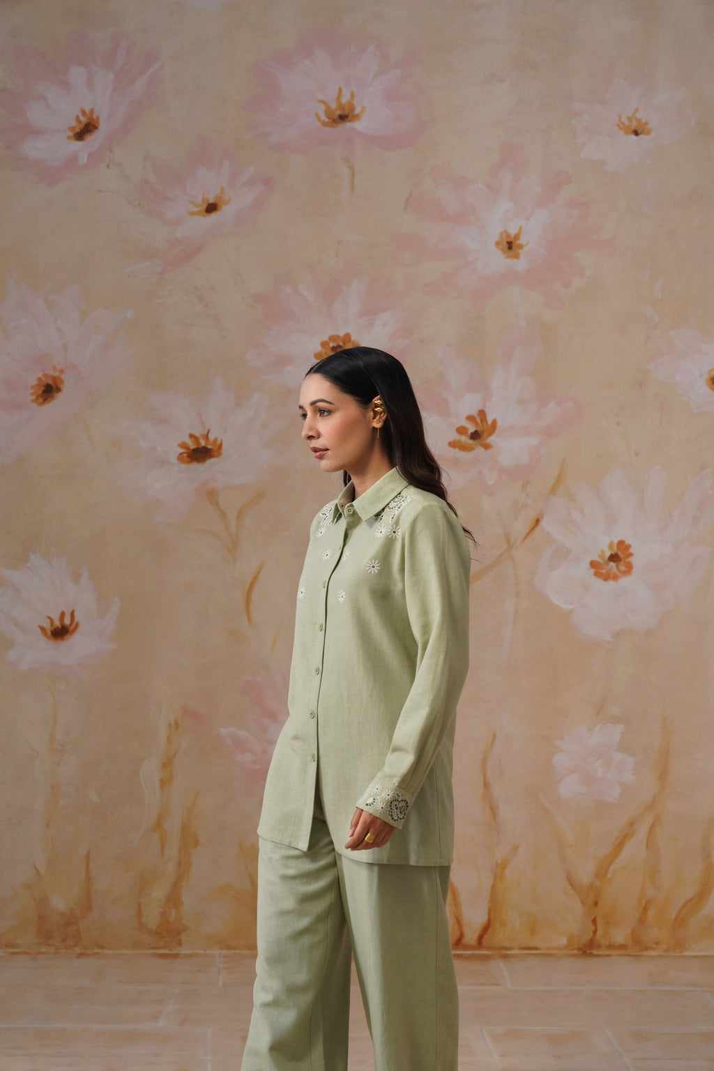 Sage Green Floral Embroidered Linen Blend Co-Ord Set Korah Stitch