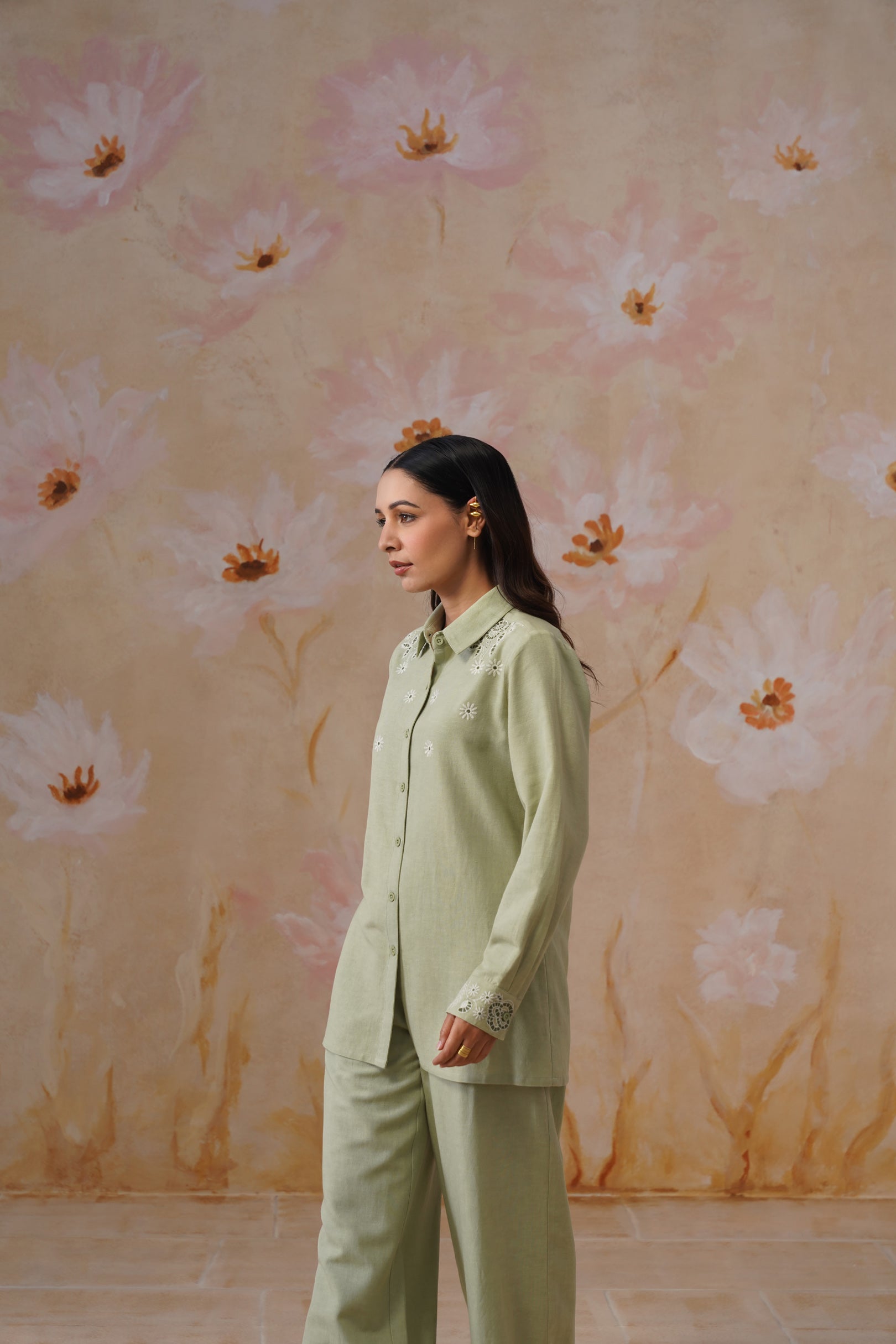 Sage Green Floral Embroidered Linen Blend Co-Ord Set Korah Stitch
