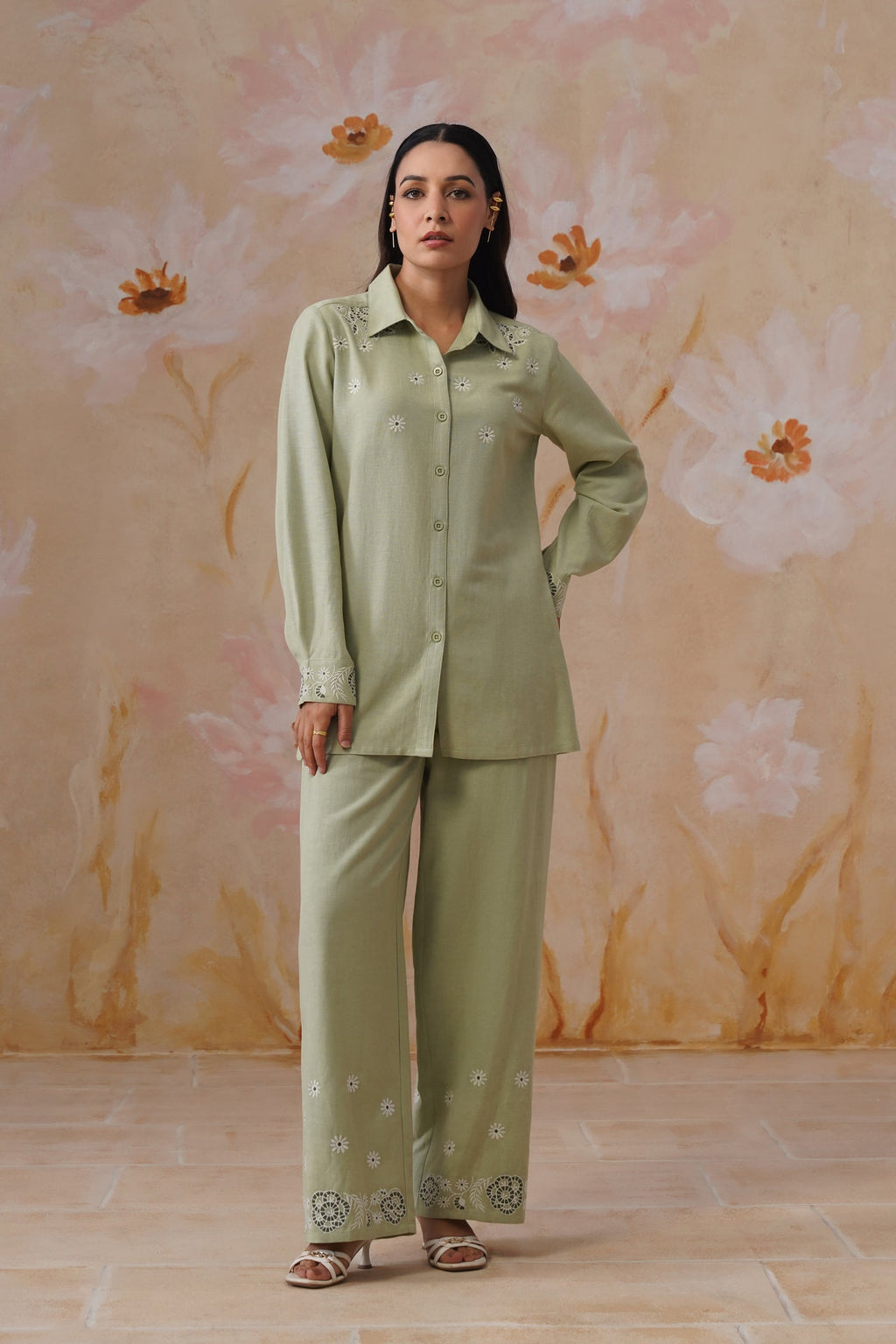 Sage Green Floral Embroidered Linen Blend Co-Ord Set Korah Stitch