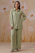 Sage Green Floral Embroidered Linen Blend Co-Ord Set Korah Stitch