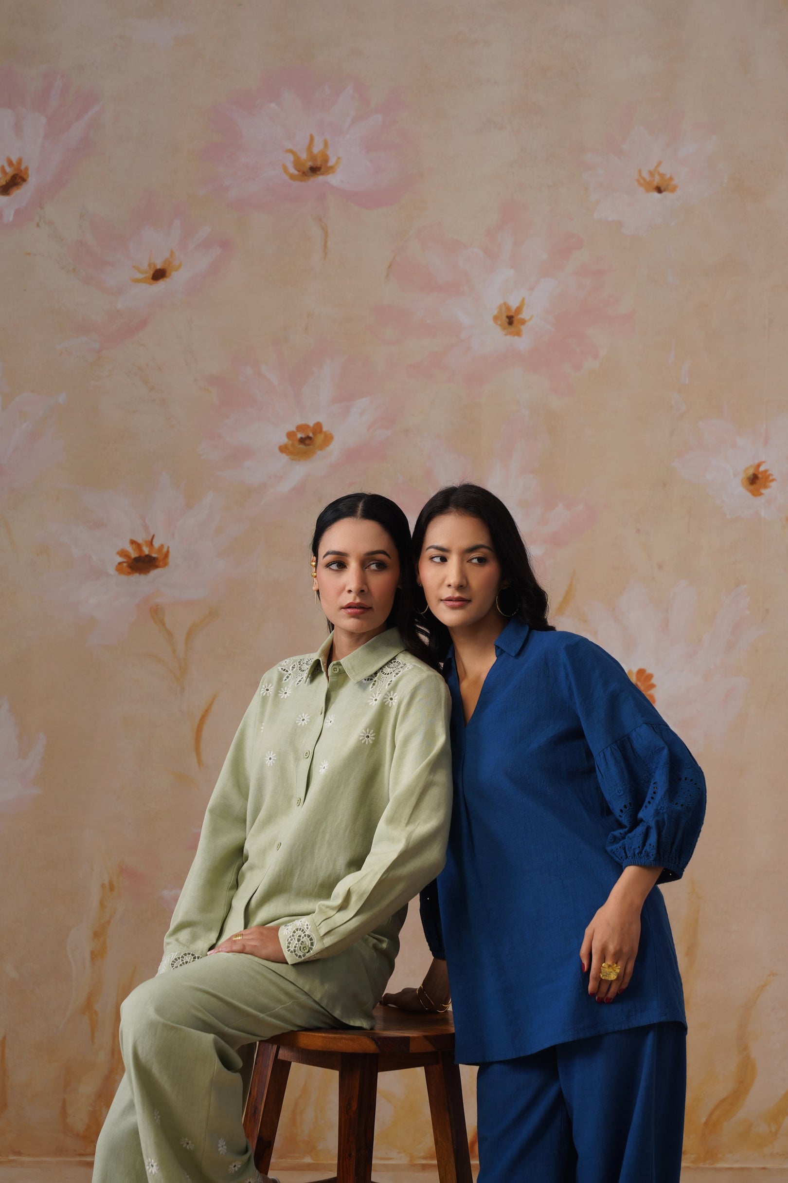 Sage Green Floral Embroidered Linen Blend Co-Ord Set Korah Stitch