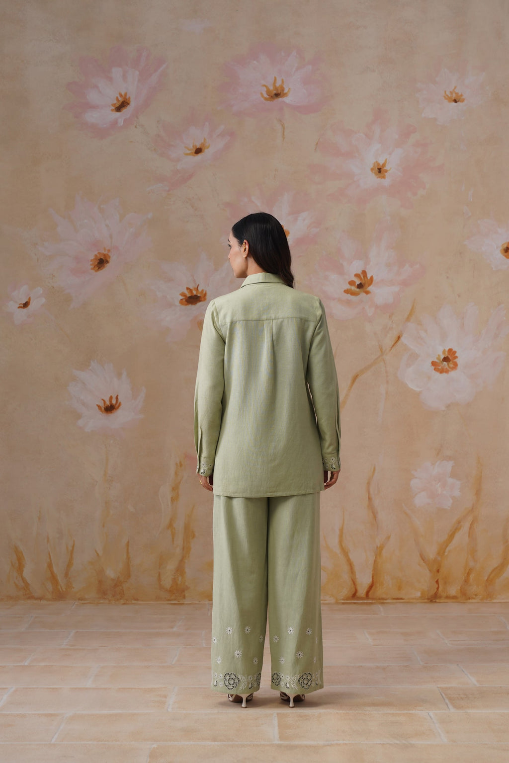 Sage Green Floral Embroidered Linen Blend Co-Ord Set Korah Stitch