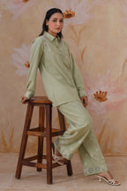 Sage Green Floral Embroidered Linen Blend Co-Ord Set Korah Stitch