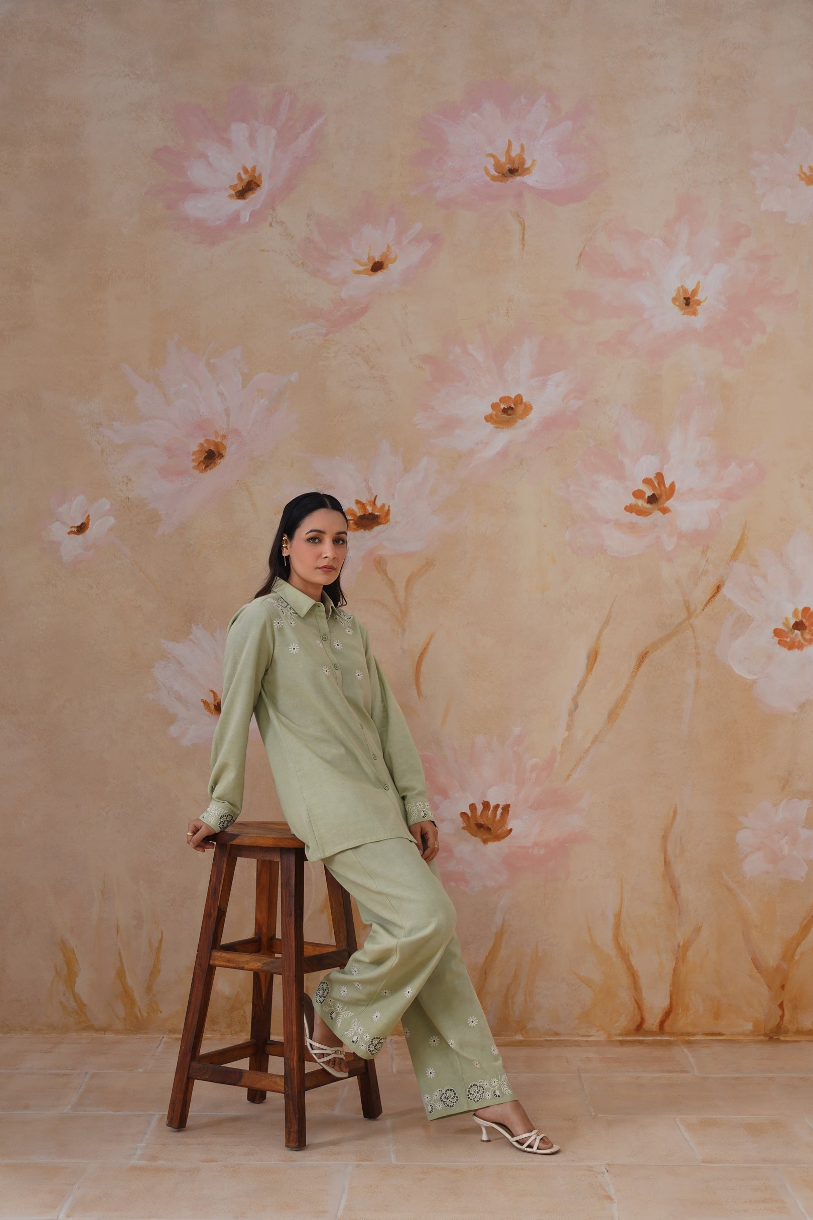 Sage Green Floral Embroidered Linen Blend Co-Ord Set Korah Stitch