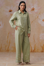 Sage Green Floral Embroidered Linen Blend Co-Ord Set Korah Stitch