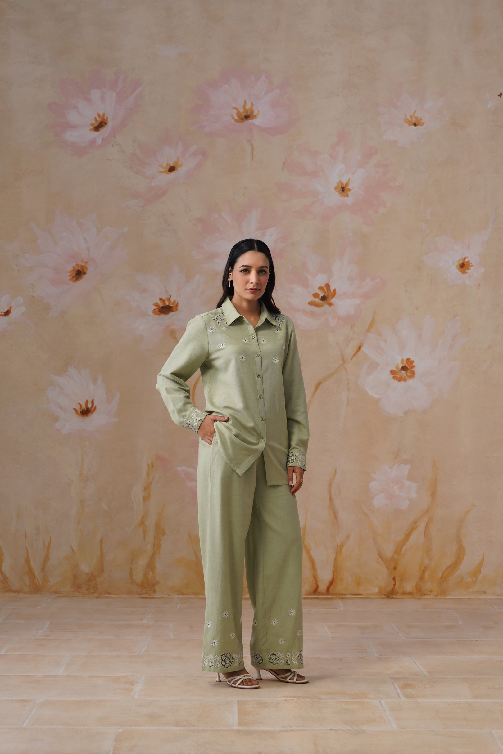 Sage Green Floral Embroidered Linen Blend Co-Ord Set Korah Stitch