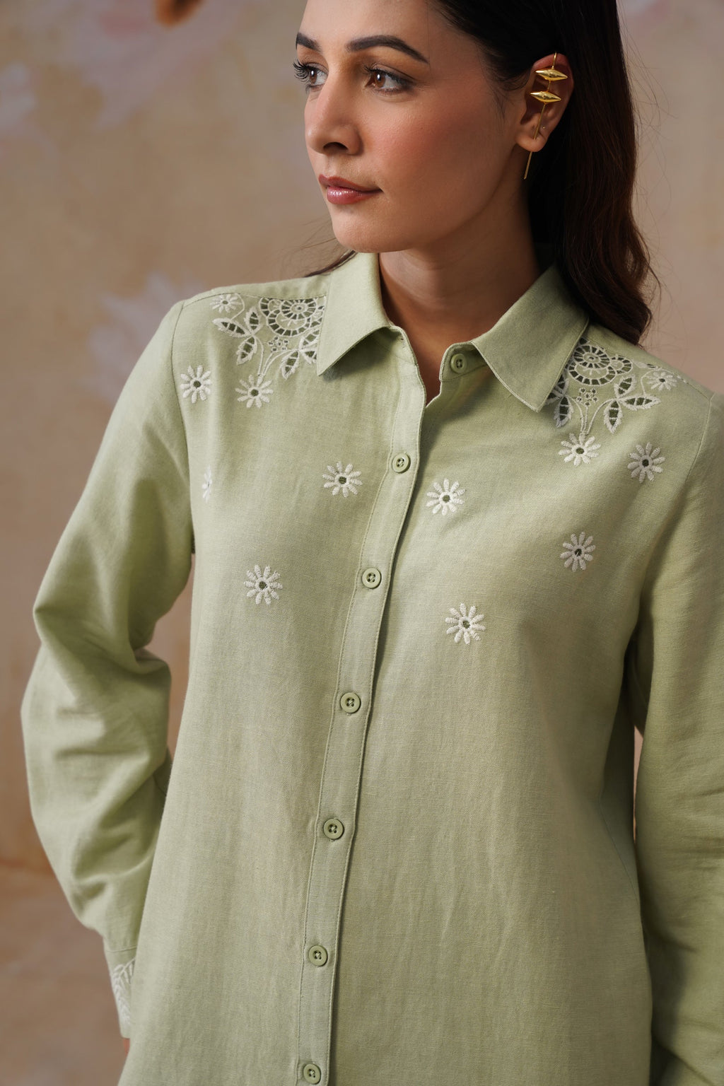 Sage Green Floral Embroidered Linen Blend Co-Ord Set Korah Stitch