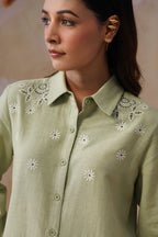 Sage Green Floral Embroidered Linen Blend Co-Ord Set Korah Stitch