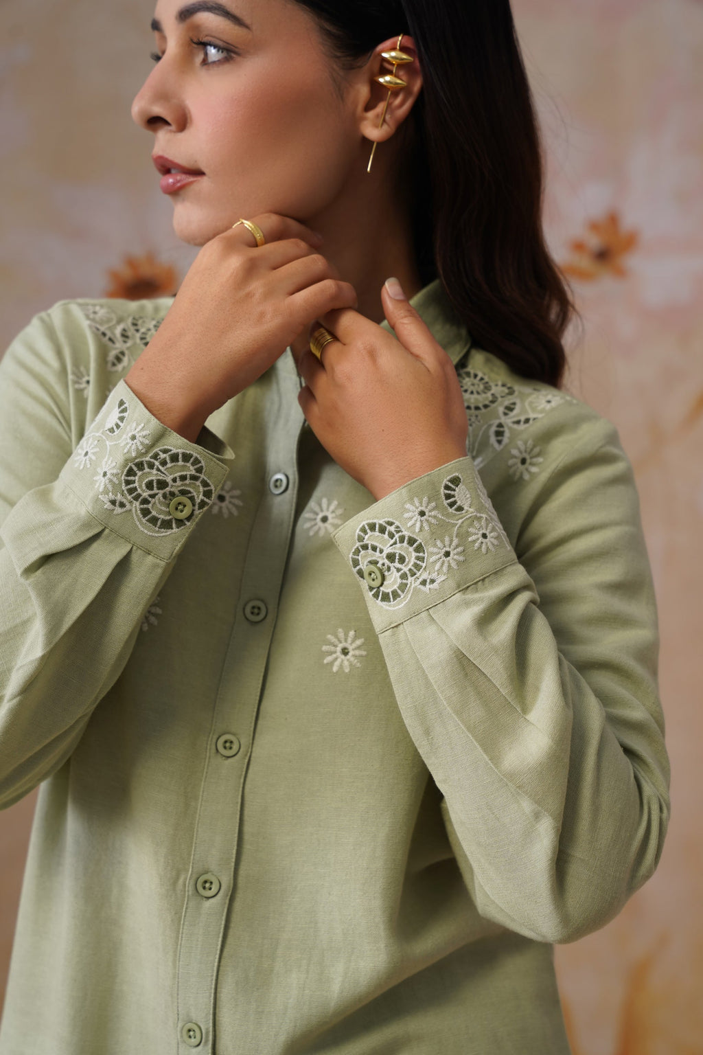 Sage Green Floral Embroidered Linen Blend Co-Ord Set Korah Stitch