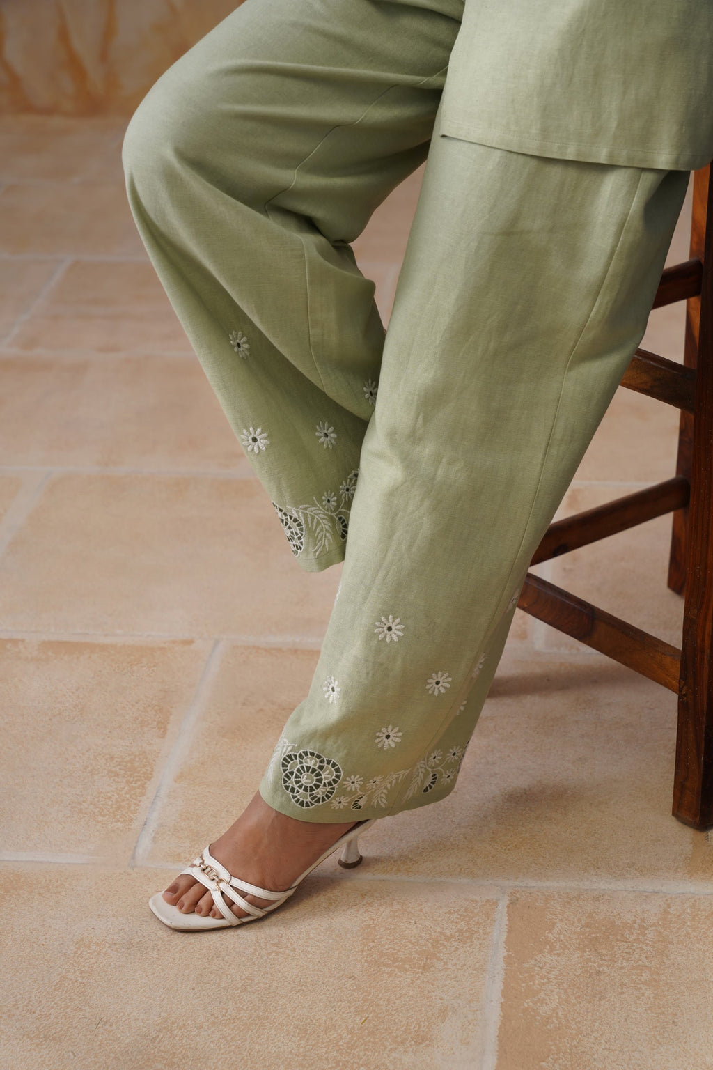 Sage Green Floral Embroidered Linen Blend Co-Ord Set Korah Stitch